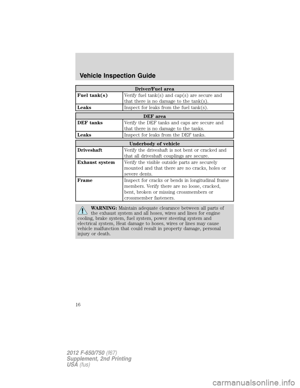 FORD F650 2012 12.G Owners Manual Driver/Fuel area
Fuel tank(s)Verify fuel tank(s) and cap(s) are secure and
that there is no damage to the tank(s).
LeaksInspect for leaks from the fuel tank(s).
DEF area
DEF tanksVerify the DEF tanks FORD F650 2012 12.G Owners Manual Driver/Fuel area
Fuel tank(s)Verify fuel tank(s) and cap(s) are secure and
that there is no damage to the tank(s).
LeaksInspect for leaks from the fuel tank(s).
DEF area
DEF tanksVerify the DEF tanks