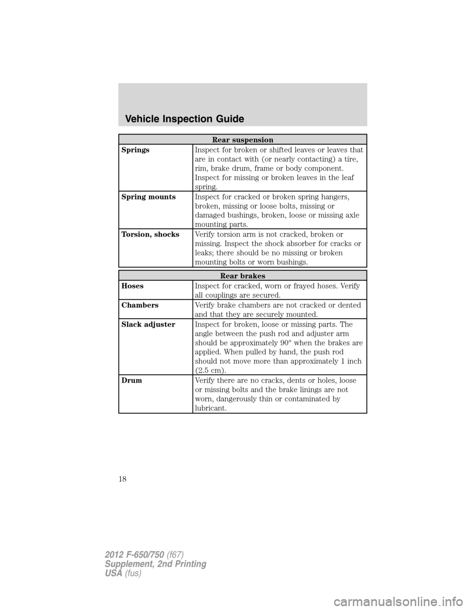 FORD F650 2012 12.G Owners Manual Rear suspension
SpringsInspect for broken or shifted leaves or leaves that
are in contact with (or nearly contacting) a tire,
rim, brake drum, frame or body component.
Inspect for missing or broken le FORD F650 2012 12.G Owners Manual Rear suspension
SpringsInspect for broken or shifted leaves or leaves that
are in contact with (or nearly contacting) a tire,
rim, brake drum, frame or body component.
Inspect for missing or broken le
