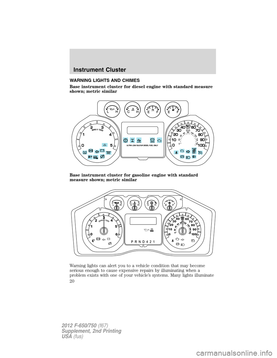 FORD F650 2012 12.G Owners Manual WARNING LIGHTS AND CHIMES
Base instrument cluster for diesel engine with standard measure
shown; metric similar
Base instrument cluster for gasoline engine with standard
measure shown; metric similar
