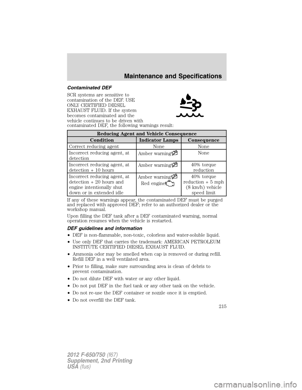 FORD F650 2012 12.G Owners Manual Contaminated DEF
SCR systems are sensitive to
contamination of the DEF. USE
ONLY CERTIFIED DIESEL
EXHAUST FLUID. If the system
becomes contaminated and the
vehicle continues to be driven with
contamin FORD F650 2012 12.G Owners Manual Contaminated DEF
SCR systems are sensitive to
contamination of the DEF. USE
ONLY CERTIFIED DIESEL
EXHAUST FLUID. If the system
becomes contaminated and the
vehicle continues to be driven with
contamin