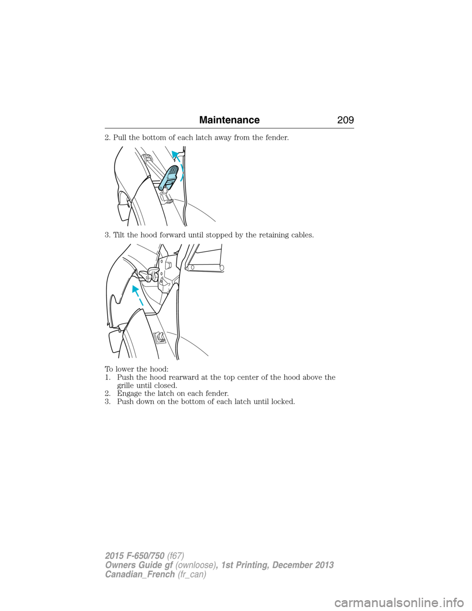 FORD F750 2015 13.G Owners Manual 2. Pull the bottom of each latch away from the fender.
3. Tilt the hood forward until stopped by the retaining cables.
To lower the hood:
1. Push the hood rearward at the top center of the hood above 
