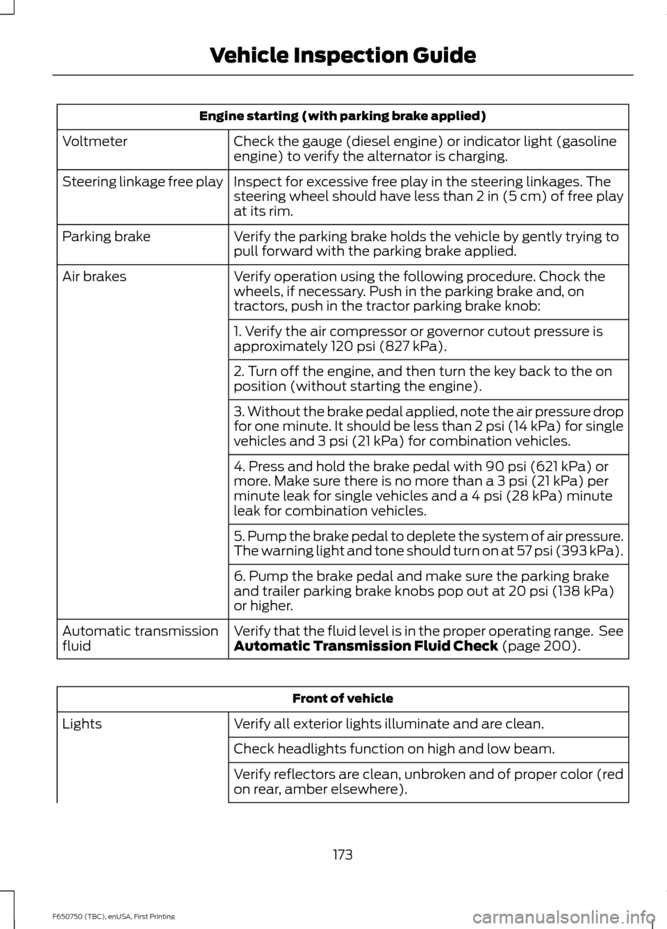 FORD F650 2016 13.G Owners Manual Engine starting (with parking brake applied)
Check the gauge (diesel engine) or indicator light (gasoline
engine) to verify the alternator is charging.
Voltmeter
Inspect for excessive free play in the