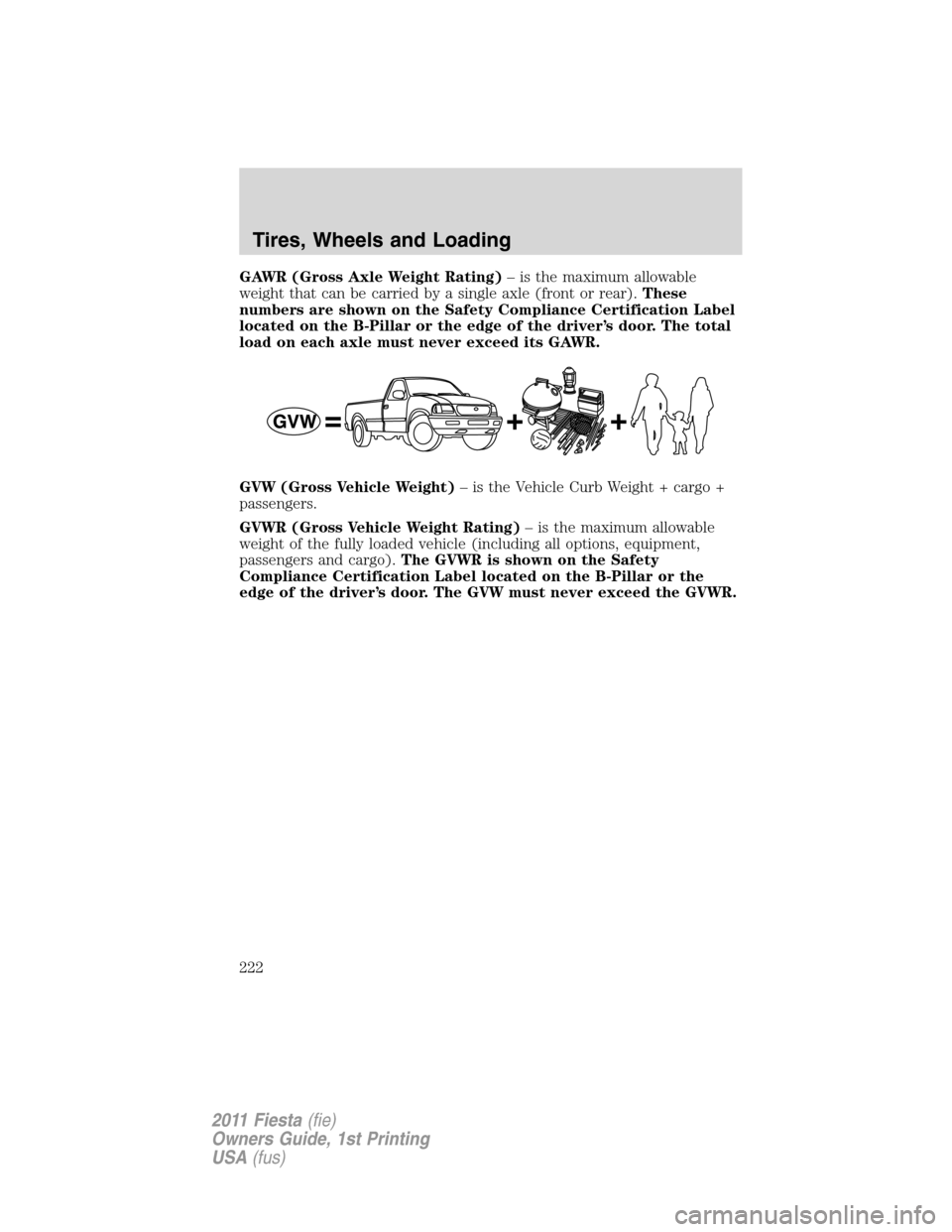 FORD FIESTA 2011 6.G Owners Manual GAWR (Gross Axle Weight Rating)– is the maximum allowable
weight that can be carried by a single axle (front or rear).These
numbers are shown on the Safety Compliance Certification Label
located on 