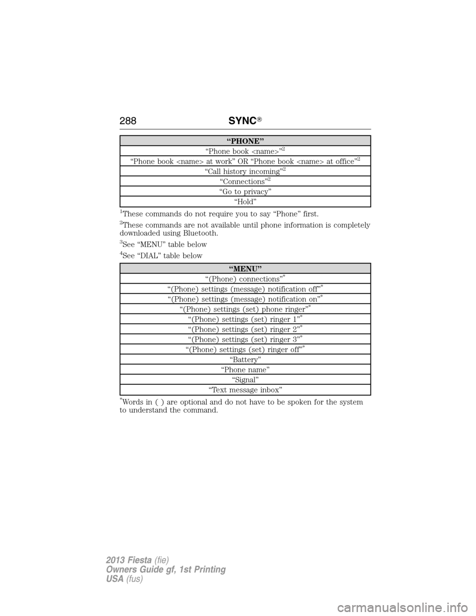 FORD FIESTA 2013 6.G Owners Manual “PHONE”
“Phone book <name>”2
“Phone book <name> at work” OR “Phone book <name> at office”2
“Call history incoming”2
“Connections”2
“Go to privacy”
“Hold”
1These command