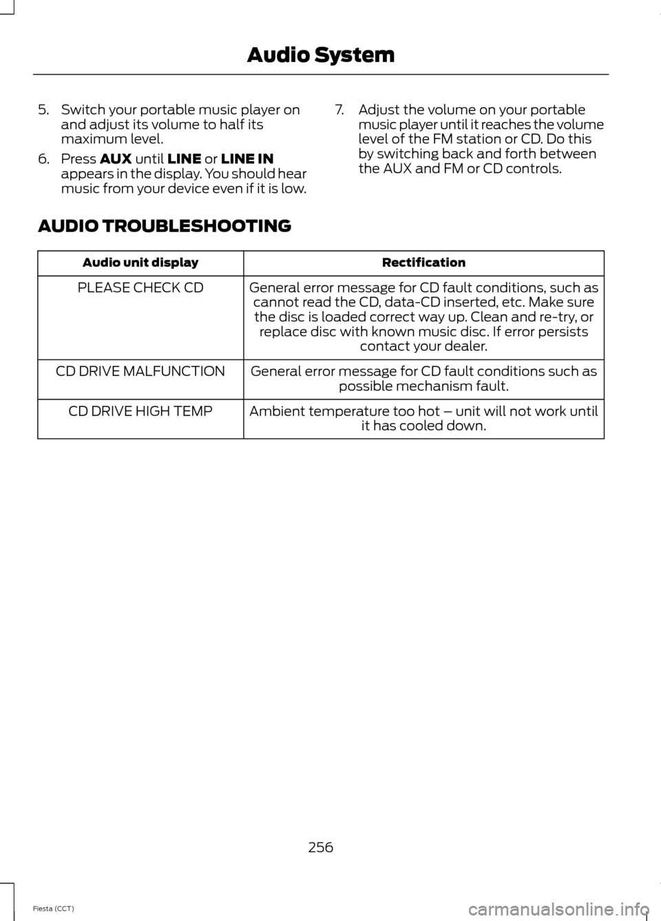 FORD FIESTA 2014 6.G Owners Manual 5. Switch your portable music player on
and adjust its volume to half its
maximum level.
6. Press AUX until LINE or LINE IN
appears in the display. You should hear
music from your device even if it is