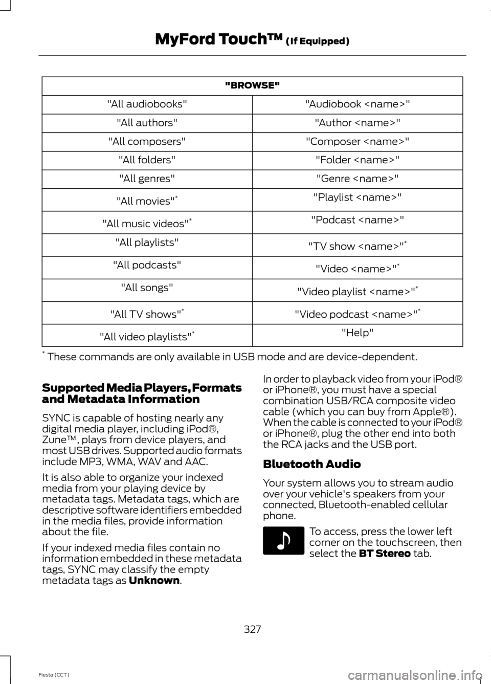 FORD FIESTA 2014 6.G Owners Manual "BROWSE"
"Audiobook <name>"
"All audiobooks"
"Author <name>"
"All authors"
"Composer <name>"
"All composers"
"Folder <name>"
"All folders"
"Genre <name>"
"All genres"
"Playlist <name>"
"All movies" *
