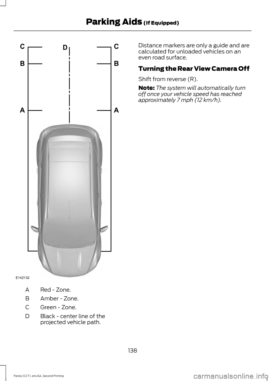 FORD FIESTA 2015 6.G Owners Manual Red - Zone.
A
Amber - Zone.
B
Green - Zone.
C
Black - center line of the
projected vehicle path.
D Distance markers are only a guide and are
calculated for unloaded vehicles on an
even road surface.
T