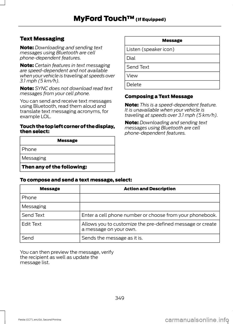 FORD FIESTA 2015 6.G Owners Manual Text Messaging
Note:
Downloading and sending text
messages using Bluetooth are cell
phone-dependent features.
Note: Certain features in text messaging
are speed-dependent and not available
when your v
