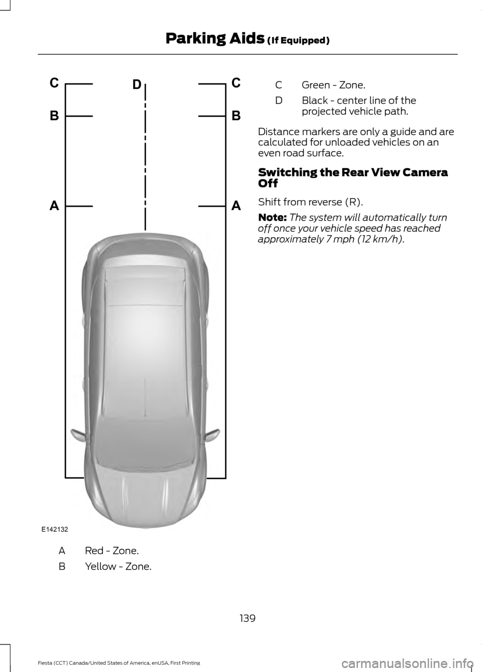 FORD FIESTA 2016 6.G Owners Manual Red - Zone.
A
Yellow - Zone.
B Green - Zone.
C
Black - center line of the
projected vehicle path.
D
Distance markers are only a guide and are
calculated for unloaded vehicles on an
even road surface.
