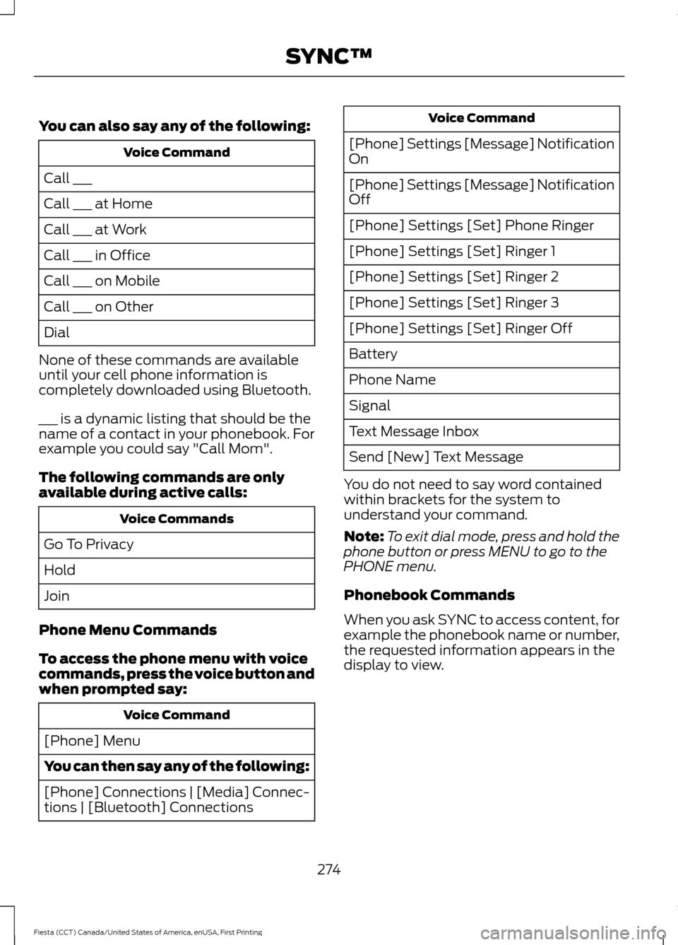 FORD FIESTA 2016 6.G Owners Manual You can also say any of the following:
Voice Command
Call ___
Call ___ at Home
Call ___ at Work
Call ___ in Office
Call ___ on Mobile
Call ___ on Other
Dial
None of these commands are available
until 