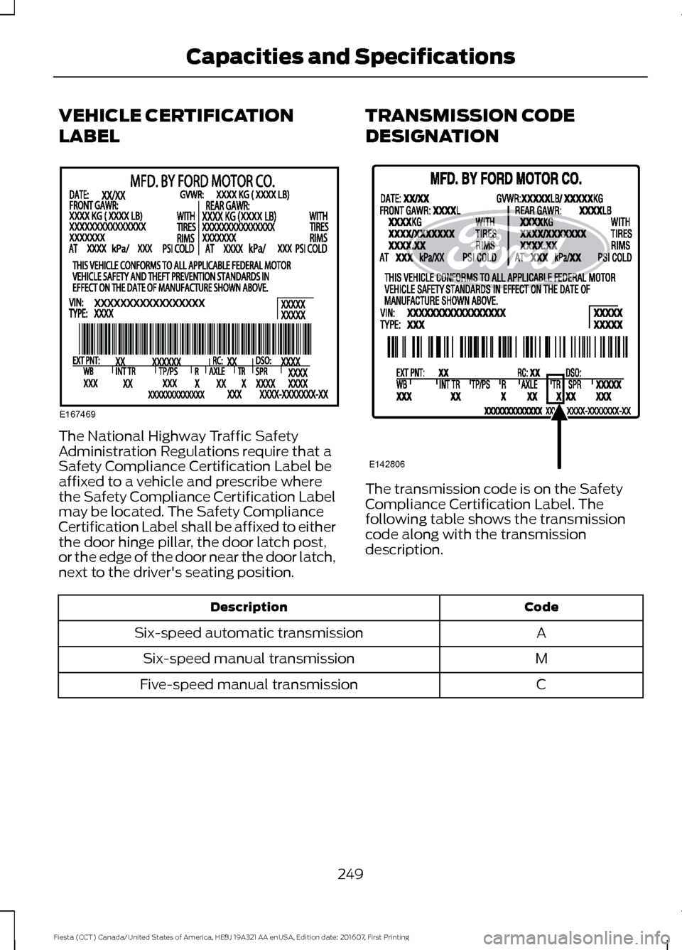 FORD FIESTA 2017 6.G Owners Manual VEHICLE CERTIFICATION
LABEL
The National Highway Traffic Safety
Administration Regulations require that a
Safety Compliance Certification Label be
affixed to a vehicle and prescribe where
the Safety C
