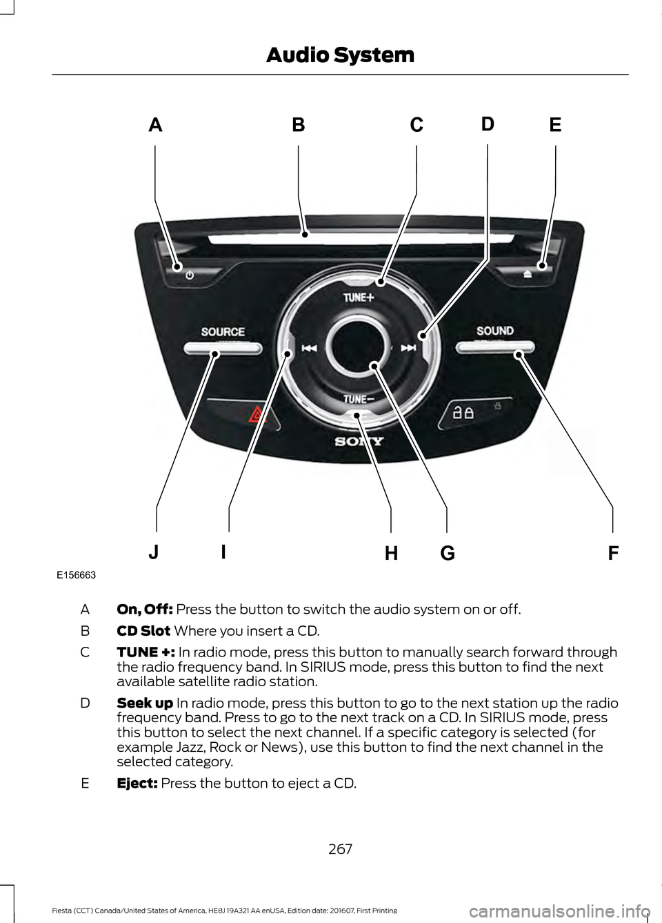 FORD FIESTA 2017 6.G Owners Manual On, Off: Press the button to switch the audio system on or off.
A
CD Slot
 Where you insert a CD.
B
TUNE +:
 In radio mode, press this button to manually search forward through
the radio frequency ban