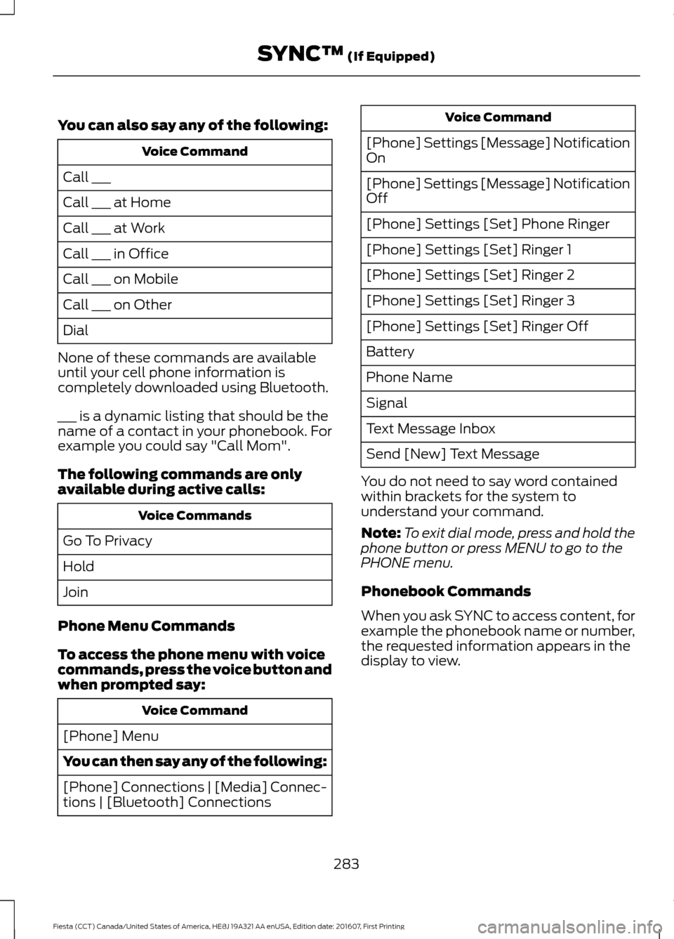 FORD FIESTA 2017 6.G Owners Manual You can also say any of the following:
Voice Command
Call ___
Call ___ at Home
Call ___ at Work
Call ___ in Office
Call ___ on Mobile
Call ___ on Other
Dial
None of these commands are available
until 