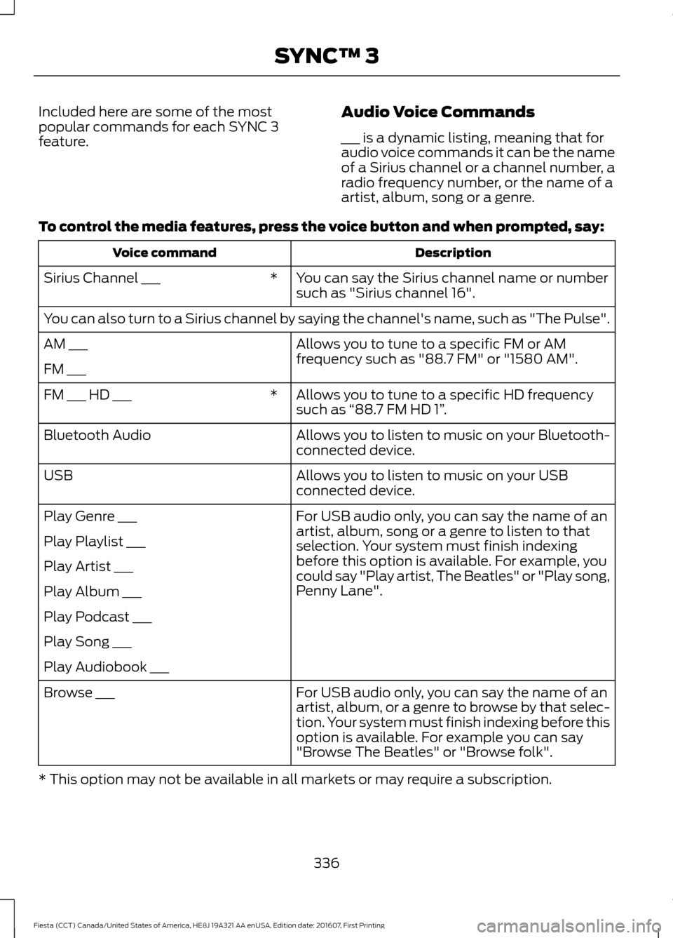 FORD FIESTA 2017 6.G Owners Manual Included here are some of the most
popular commands for each SYNC 3
feature.
Audio Voice Commands
___ is a dynamic listing, meaning that for
audio voice commands it can be the name
of a Sirius channel