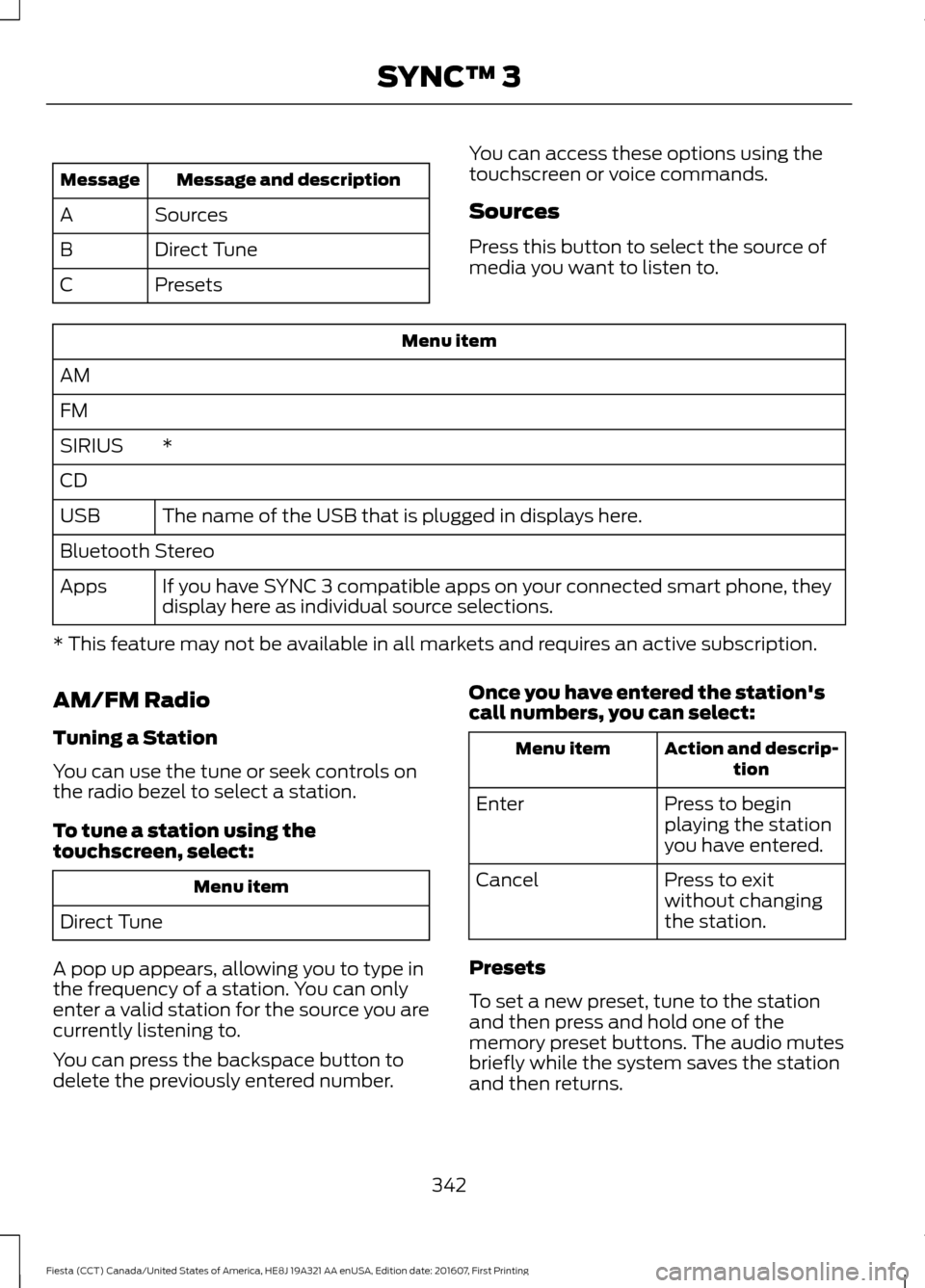 FORD FIESTA 2017 6.G Owners Manual Message and description
Message
Sources
A
Direct Tune
B
Presets
C You can access these options using the
touchscreen or voice commands.
Sources
Press this button to select the source of
media you want