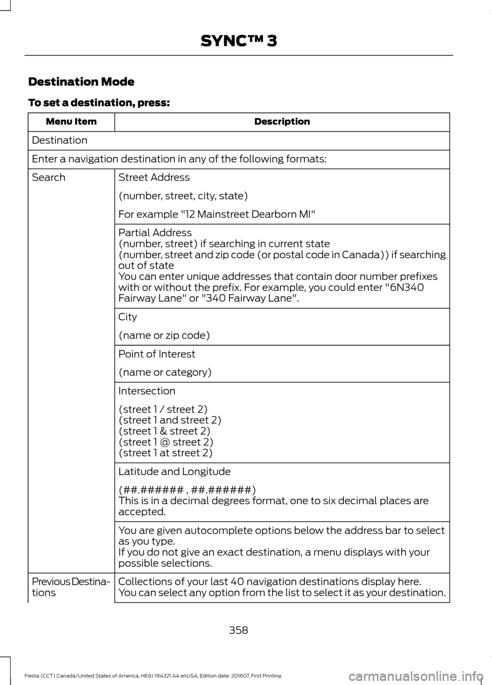 FORD FIESTA 2017 6.G Owners Manual Destination Mode
To set a destination, press:
Description
Menu Item
Destination
Enter a navigation destination in any of the following formats: Street Address
Search
(number, street, city, state)
For 