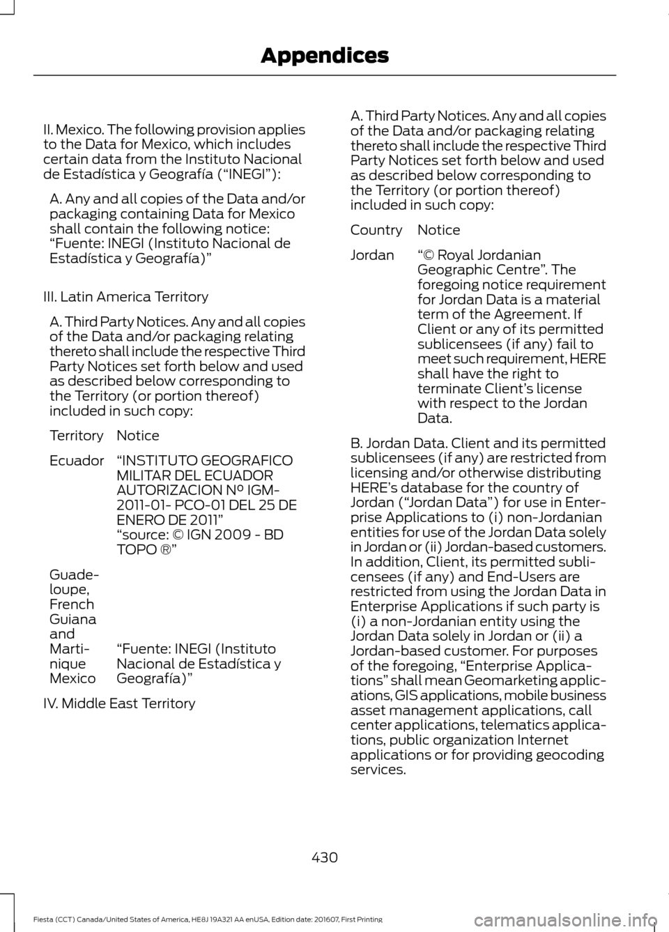 FORD FIESTA 2017 6.G Owners Manual II. Mexico. The following provision applies
to the Data for Mexico, which includes
certain data from the Instituto Nacional
de Estadística y Geografía (“INEGI”):
A. Any and all copies of the Dat