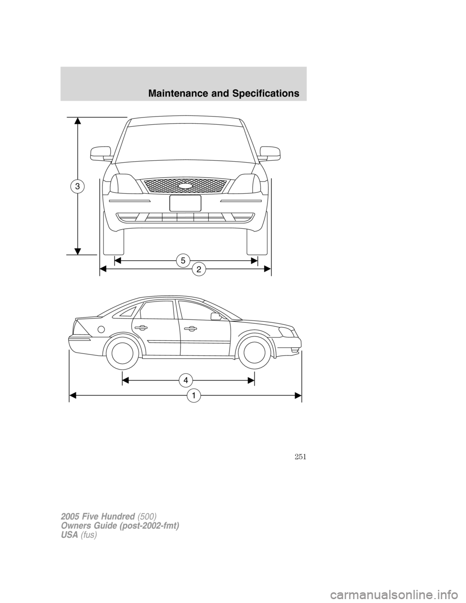 FORD FIVE HUNDRED 2005 D258 / 1.G Owners Manual 5
2
3
2005 Five Hundred(500)
Owners Guide (post-2002-fmt)
USA(fus)
Maintenance and Specifications
251 
