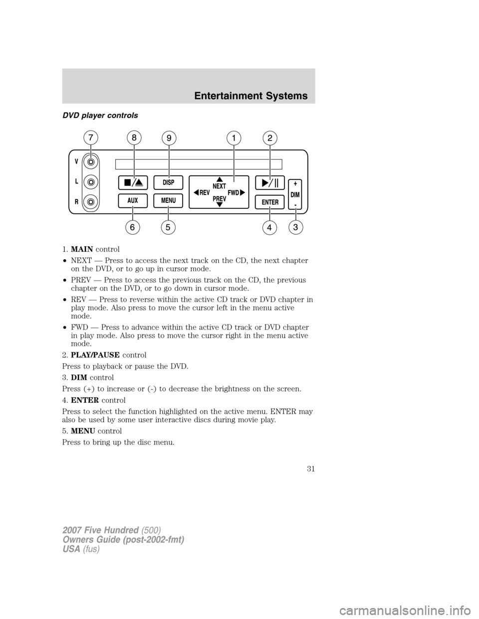 FORD FIVE HUNDRED 2007 D258 / 1.G Owners Manual DVD player controls
1.MAINcontrol
•NEXT — Press to access the next track on the CD, the next chapter
on the DVD, or to go up in cursor mode.
•PREV — Press to access the previous track on the C