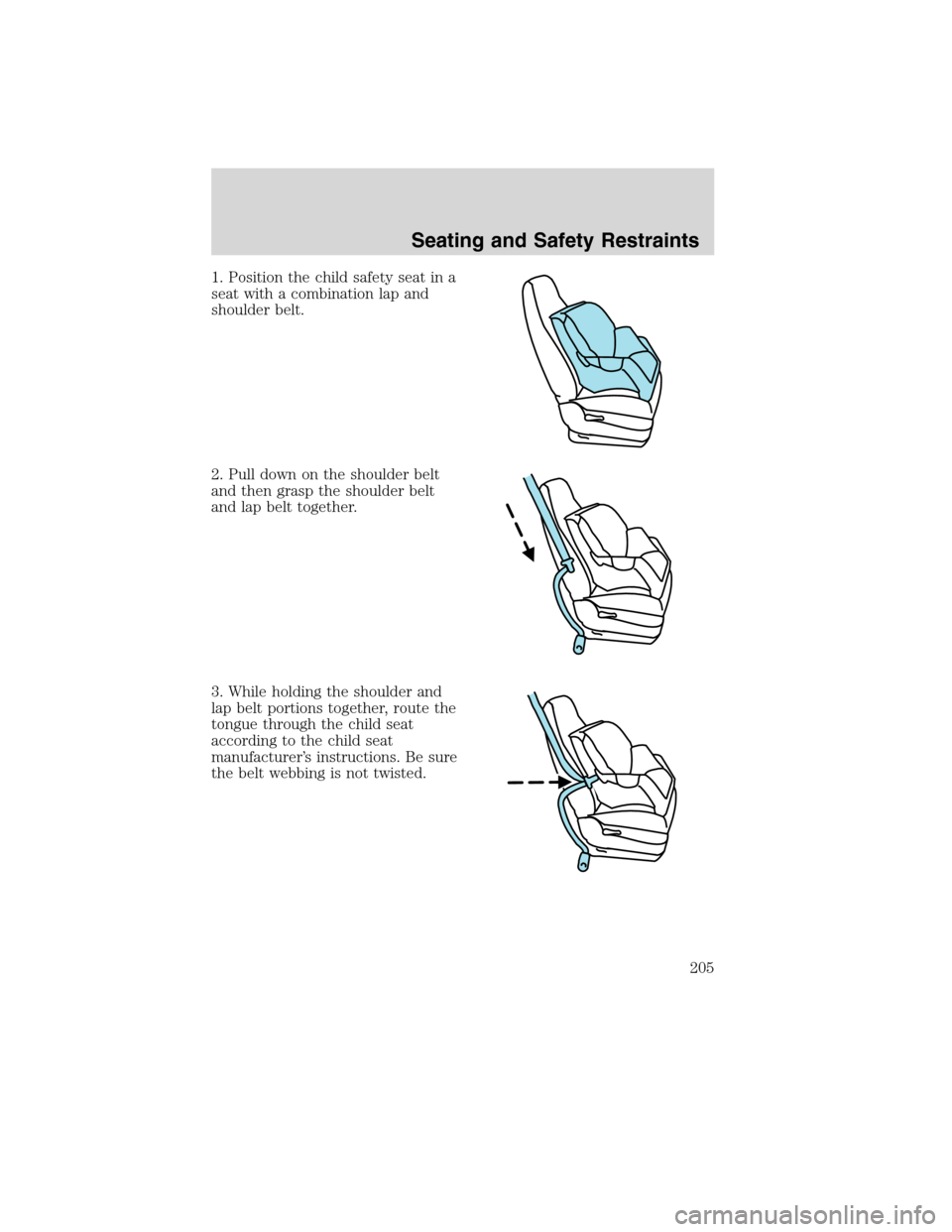 FORD FLEX 2010 1.G Owners Manual 1. Position the child safety seat in a
seat with a combination lap and
shoulder belt.
2. Pull down on the shoulder belt
and then grasp the shoulder belt
and lap belt together.
3. While holding the sho