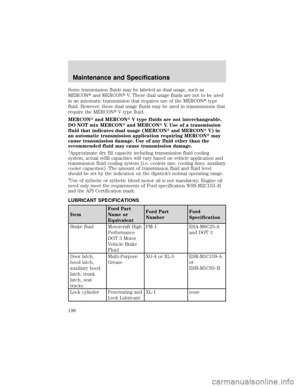 FORD FOCUS 2003 1.G Owners Manual Some transmission fluids may be labeled as dual usage, such as
MERCONand MERCONV. These dual usage fluids are not to be used
in an automatic transmission that requires use of the MERCONtype
fluid. FORD FOCUS 2003 1.G Owners Manual Some transmission fluids may be labeled as dual usage, such as
MERCONand MERCONV. These dual usage fluids are not to be used
in an automatic transmission that requires use of the MERCONtype
fluid.
