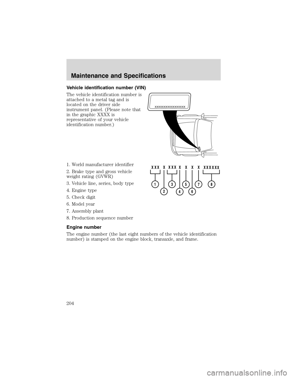FORD FOCUS 2003 1.G Owners Manual Vehicle identification number (VIN)
The vehicle identification number is
attached to a metal tag and is
located on the driver side
instrument panel. (Please note that
in the graphic XXXX is
representa