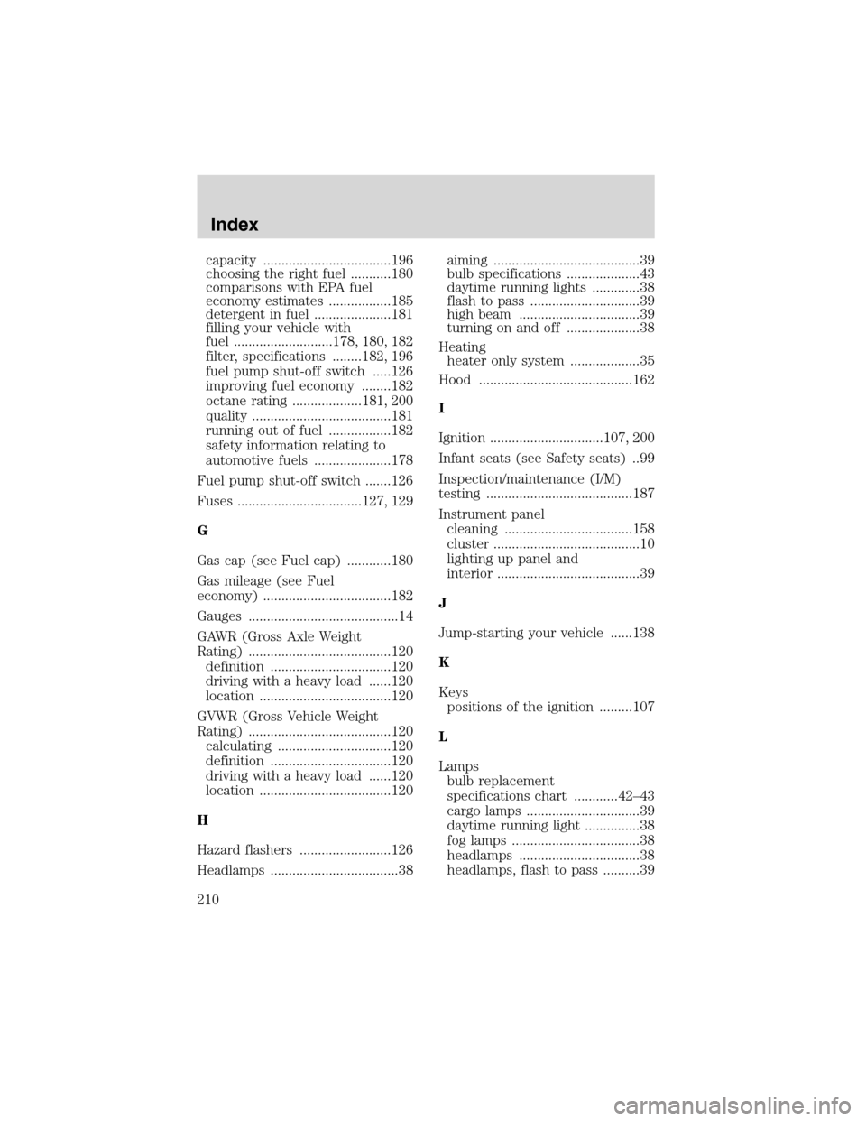 FORD FOCUS 2003 1.G Owners Manual capacity ...................................196
choosing the right fuel ...........180
comparisons with EPA fuel
economy estimates .................185
detergent in fuel .....................181
filli