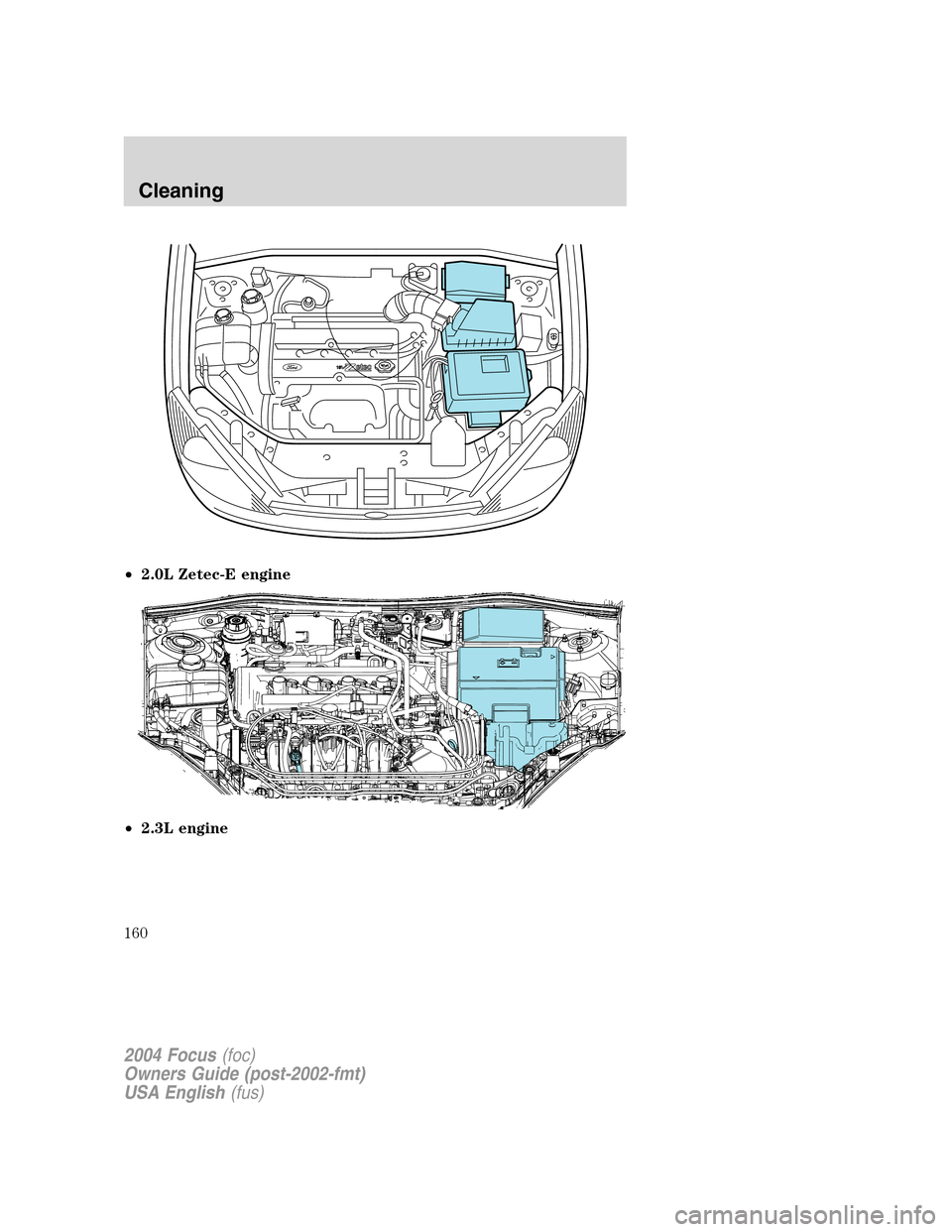 FORD FOCUS 2004 1.G Owners Manual •2.0L Zetec-E engine
•2.3L engine
2004 Focus(foc)
Owners Guide (post-2002-fmt)
USA English(fus)
Cleaning
160 