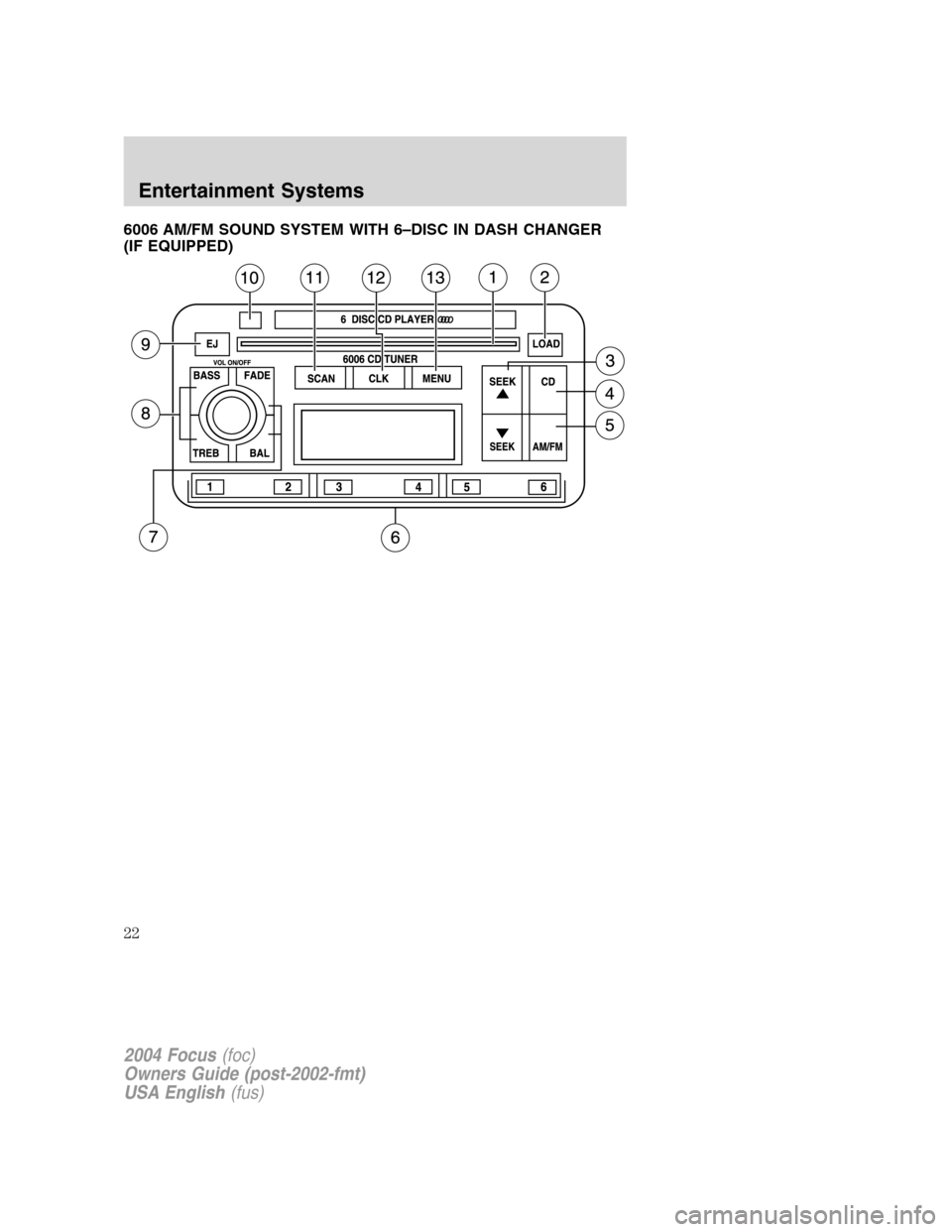 FORD FOCUS 2004 1.G Owners Manual 6006 AM/FM SOUND SYSTEM WITH 6–DISC IN DASH CHANGER
(IF EQUIPPED)
2004 Focus(foc)
Owners Guide (post-2002-fmt)
USA English(fus)
Entertainment Systems
22 