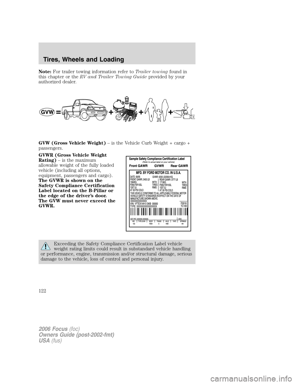 FORD FOCUS 2006 2.G Owners Manual Note:For trailer towing information refer toTrailer towingfound in
this chapter or theRV and Trailer Towing Guideprovided by your
authorized dealer.
GVW (Gross Vehicle Weight)– is the Vehicle Curb W
