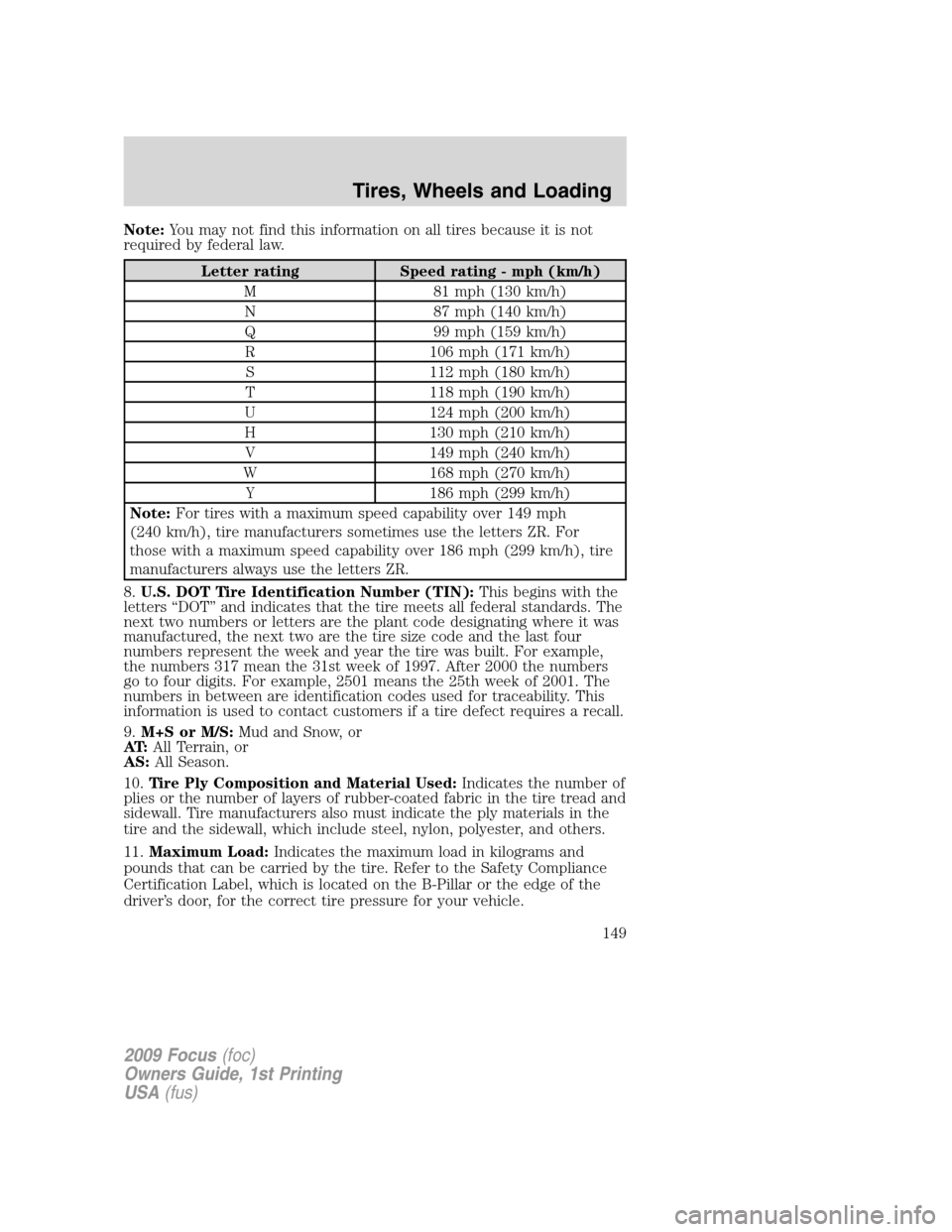 FORD FOCUS 2009 2.G Owners Manual Note:You may not find this information on all tires because it is not
required by federal law.
Letter rating Speed rating - mph (km/h)
M 81 mph (130 km/h)
N 87 mph (140 km/h)
Q 99 mph (159 km/h)
R 106 FORD FOCUS 2009 2.G Owners Manual Note:You may not find this information on all tires because it is not
required by federal law.
Letter rating Speed rating - mph (km/h)
M 81 mph (130 km/h)
N 87 mph (140 km/h)
Q 99 mph (159 km/h)
R 106