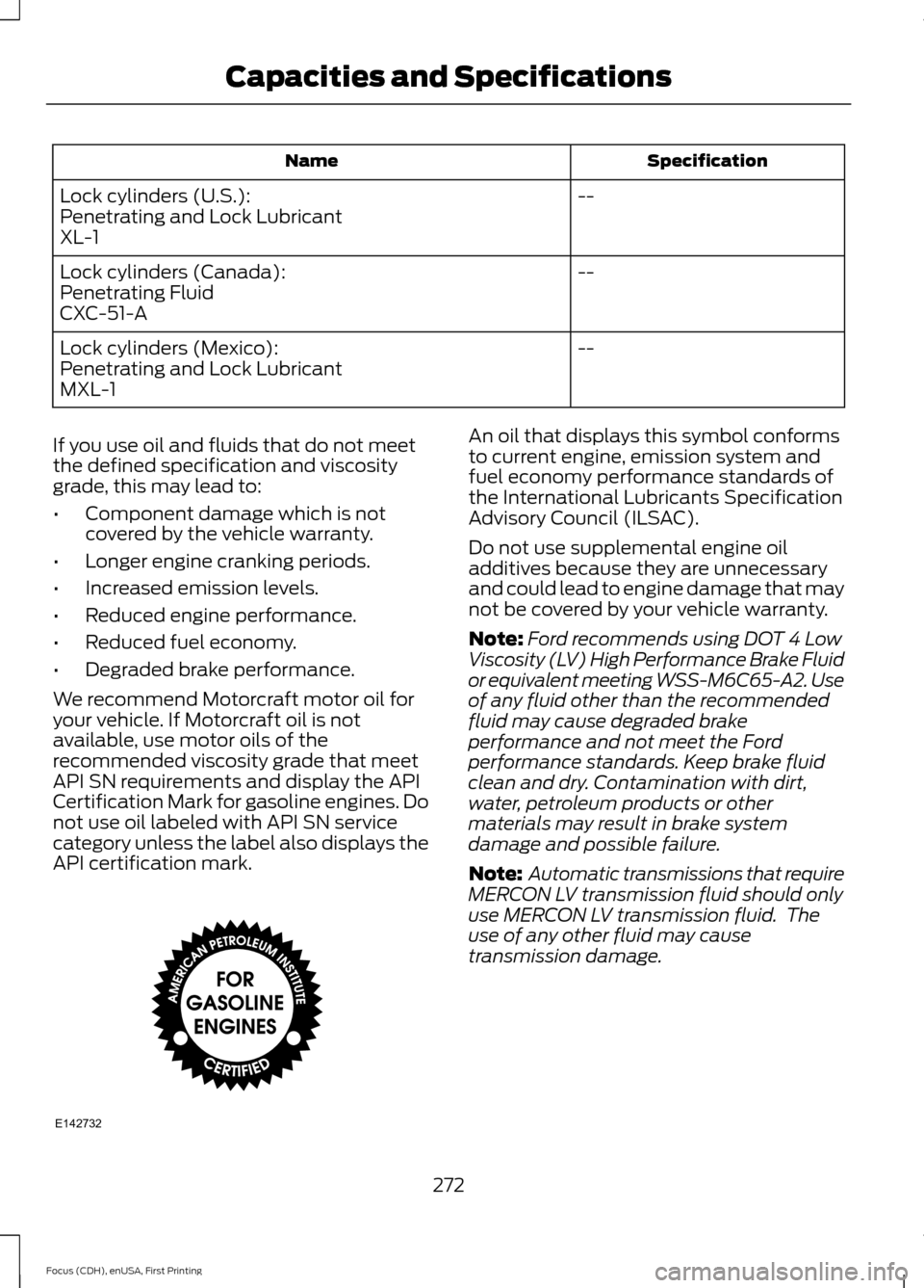FORD FOCUS 2015 3.G Owners Manual Specification
Name
--
Lock cylinders (U.S.):
Penetrating and Lock Lubricant
XL-1
--
Lock cylinders (Canada):
Penetrating Fluid
CXC-51-A
--
Lock cylinders (Mexico):
Penetrating and Lock Lubricant
MXL-1 FORD FOCUS 2015 3.G Owners Manual Specification
Name
--
Lock cylinders (U.S.):
Penetrating and Lock Lubricant
XL-1
--
Lock cylinders (Canada):
Penetrating Fluid
CXC-51-A
--
Lock cylinders (Mexico):
Penetrating and Lock Lubricant
MXL-1