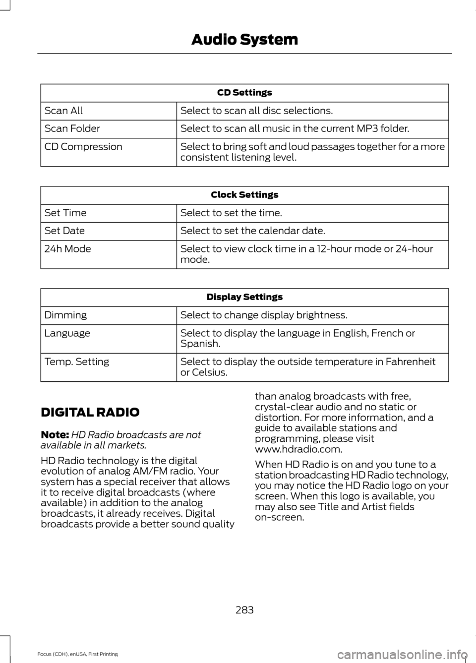 FORD FOCUS 2015 3.G Owners Manual CD Settings
Select to scan all disc selections.
Scan All
Select to scan all music in the current MP3 folder.
Scan Folder
Select to bring soft and loud passages together for a more
consistent listening FORD FOCUS 2015 3.G Owners Manual CD Settings
Select to scan all disc selections.
Scan All
Select to scan all music in the current MP3 folder.
Scan Folder
Select to bring soft and loud passages together for a more
consistent listening