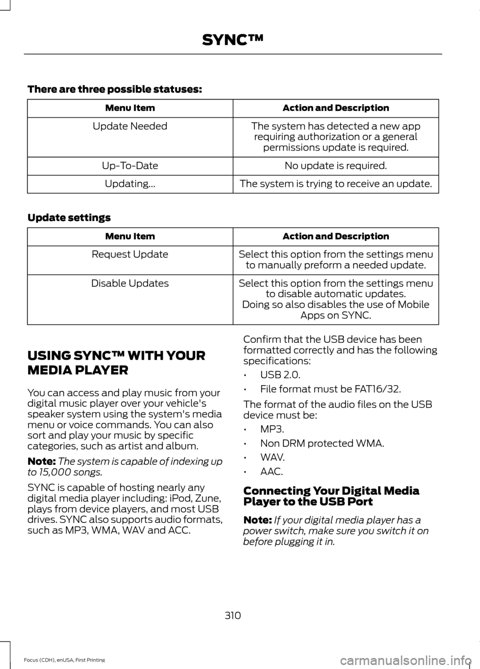 FORD FOCUS 2015 3.G Owners Manual There are three possible statuses:
Action and Description
Menu Item
The system has detected a new apprequiring authorization or a general permissions update is required.
Update Needed
No update is req FORD FOCUS 2015 3.G Owners Manual There are three possible statuses:
Action and Description
Menu Item
The system has detected a new apprequiring authorization or a general permissions update is required.
Update Needed
No update is req