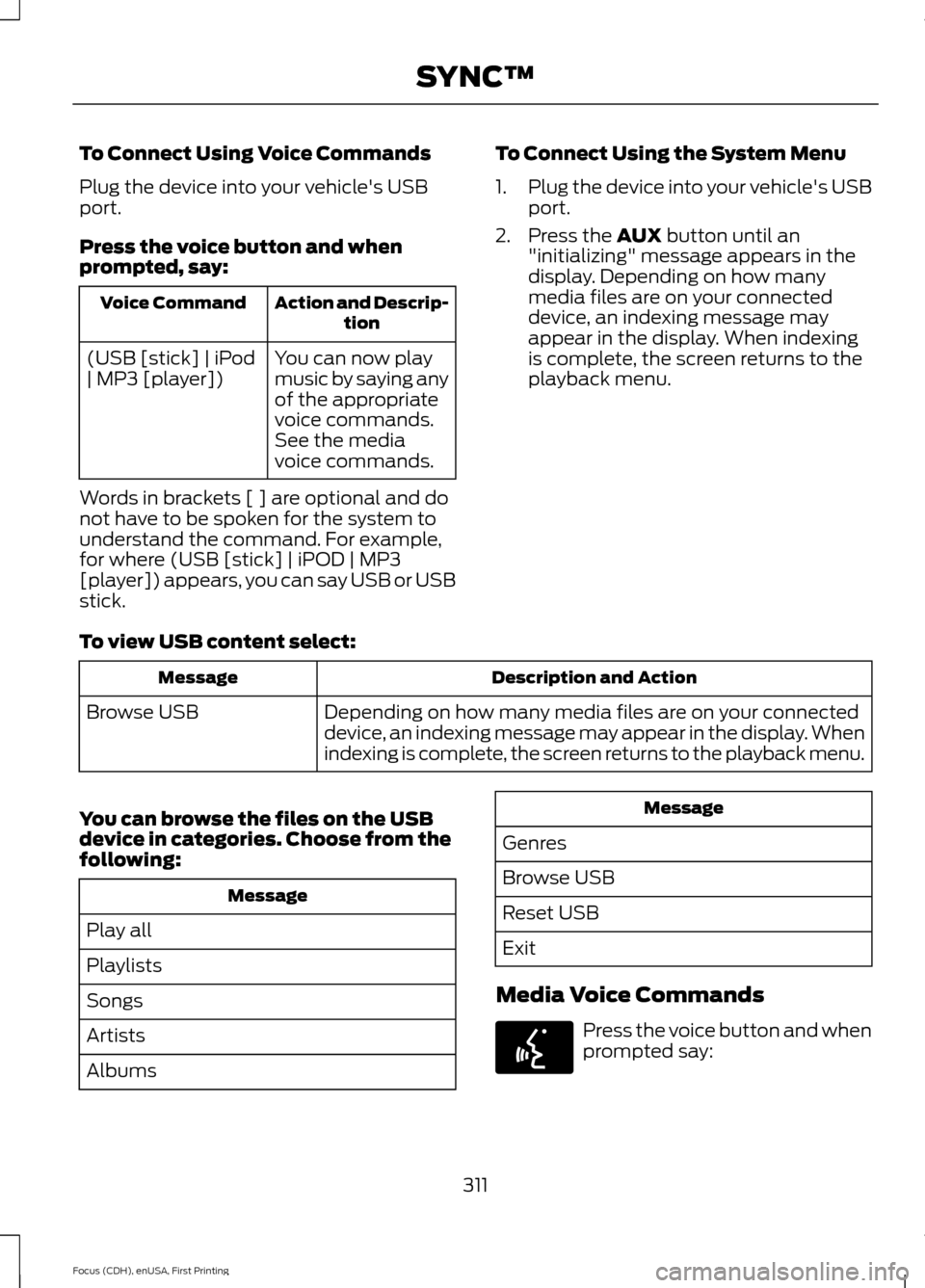 FORD FOCUS 2015 3.G Owners Manual To Connect Using Voice Commands
Plug the device into your vehicles USB
port.
Press the voice button and when
prompted, say:
Action and Descrip-
tion
Voice Command
You can now play
music by saying any FORD FOCUS 2015 3.G Owners Manual To Connect Using Voice Commands
Plug the device into your vehicles USB
port.
Press the voice button and when
prompted, say:
Action and Descrip-
tion
Voice Command
You can now play
music by saying any