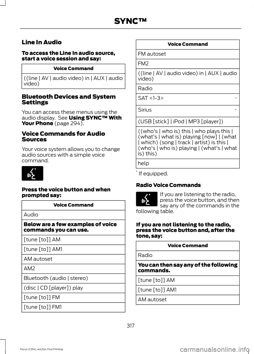 FORD FOCUS 2015 3.G Owners Manual Line In Audio
To access the Line In audio source,
start a voice session and say:
Voice Command
((line | AV | audio video) in | AUX | audio
video)
Bluetooth Devices and System
Settings
You can access t FORD FOCUS 2015 3.G Owners Manual Line In Audio
To access the Line In audio source,
start a voice session and say:
Voice Command
((line | AV | audio video) in | AUX | audio
video)
Bluetooth Devices and System
Settings
You can access t