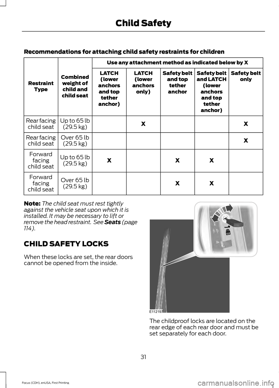 FORD FOCUS 2015 3.G Owners Manual Recommendations for attaching child safety restraints for children
Use any attachment method as indicated below by X
Combined weight ofchild and
child seat
Restraint
Type Safety belt
only
Safety belt
