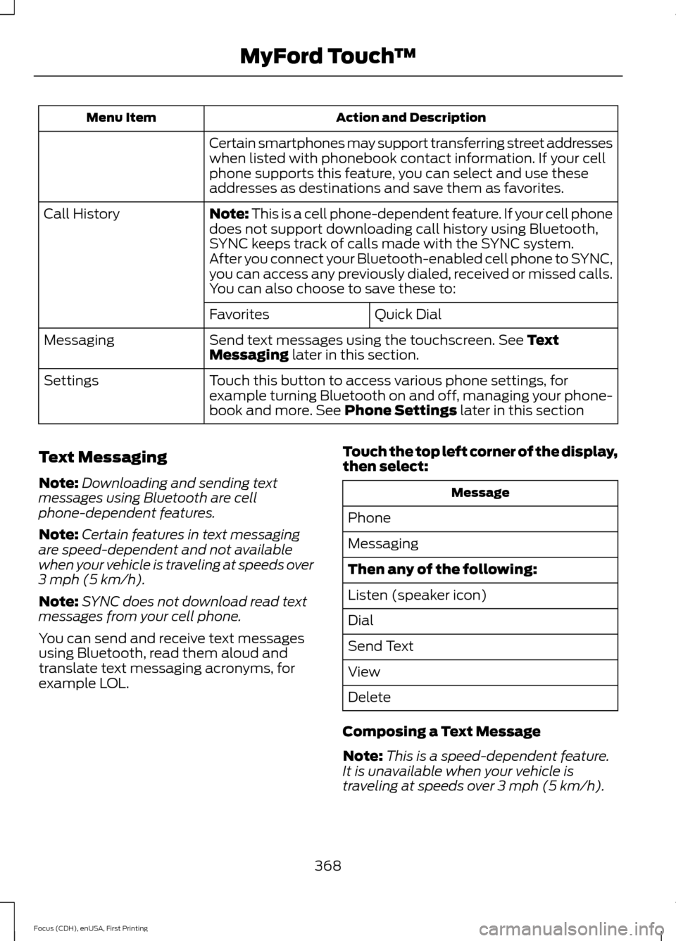 FORD FOCUS 2015 3.G Owners Manual Action and Description
Menu Item
Certain smartphones may support transferring street addresses
when listed with phonebook contact information. If your cell
phone supports this feature, you can select FORD FOCUS 2015 3.G Owners Manual Action and Description
Menu Item
Certain smartphones may support transferring street addresses
when listed with phonebook contact information. If your cell
phone supports this feature, you can select