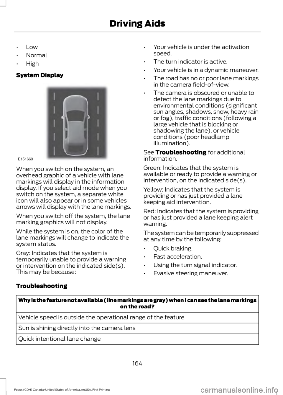 FORD FOCUS 2016 3.G Owners Manual •
Low
• Normal
• High
System Display When you switch on the system, an
overhead graphic of a vehicle with lane
markings will display in the information
display. If you select aid mode when you
s FORD FOCUS 2016 3.G Owners Manual •
Low
• Normal
• High
System Display When you switch on the system, an
overhead graphic of a vehicle with lane
markings will display in the information
display. If you select aid mode when you
s
