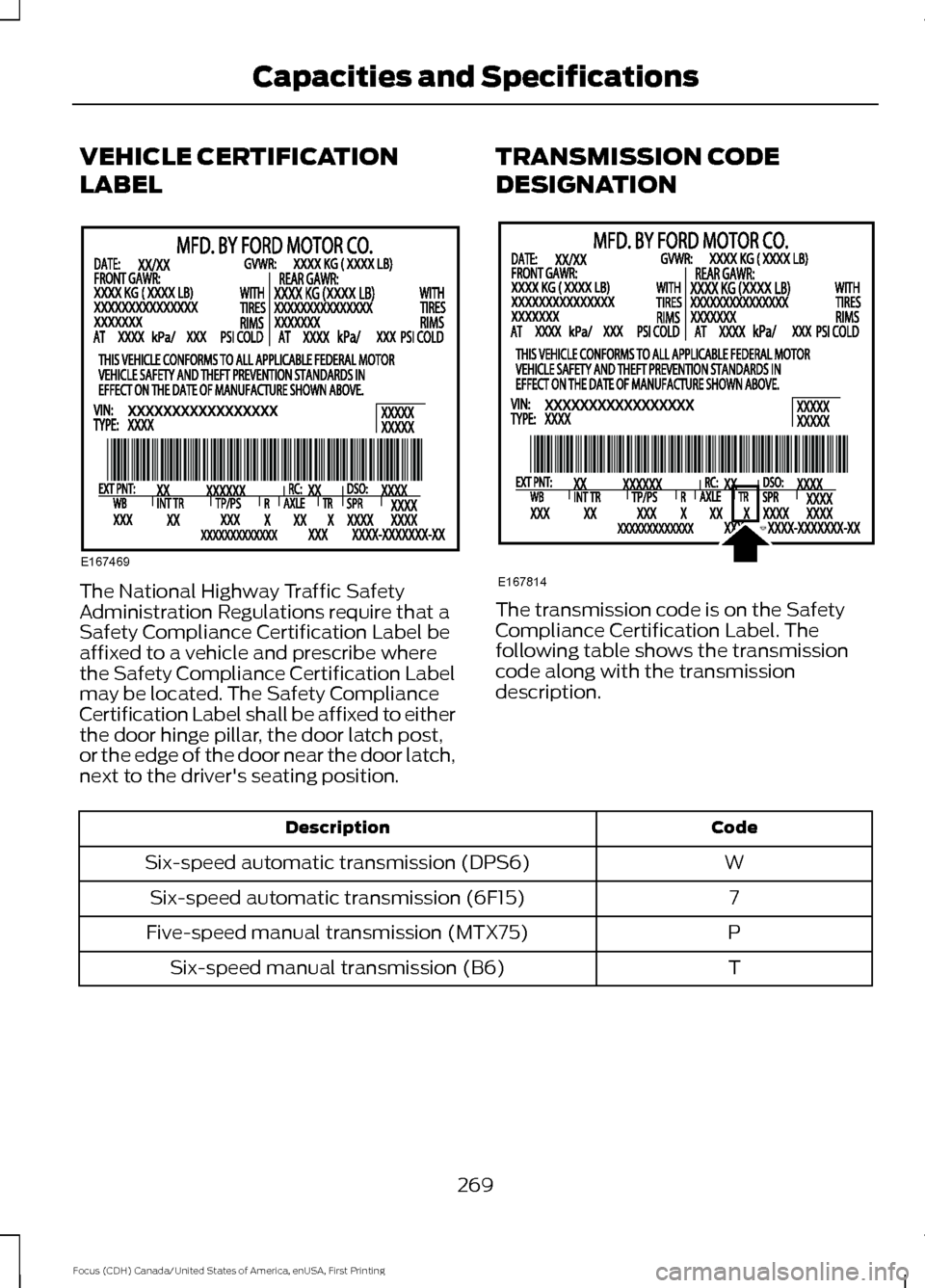 FORD FOCUS 2016 3.G Owners Manual VEHICLE CERTIFICATION
LABEL
The National Highway Traffic Safety
Administration Regulations require that a
Safety Compliance Certification Label be
affixed to a vehicle and prescribe where
the Safety C