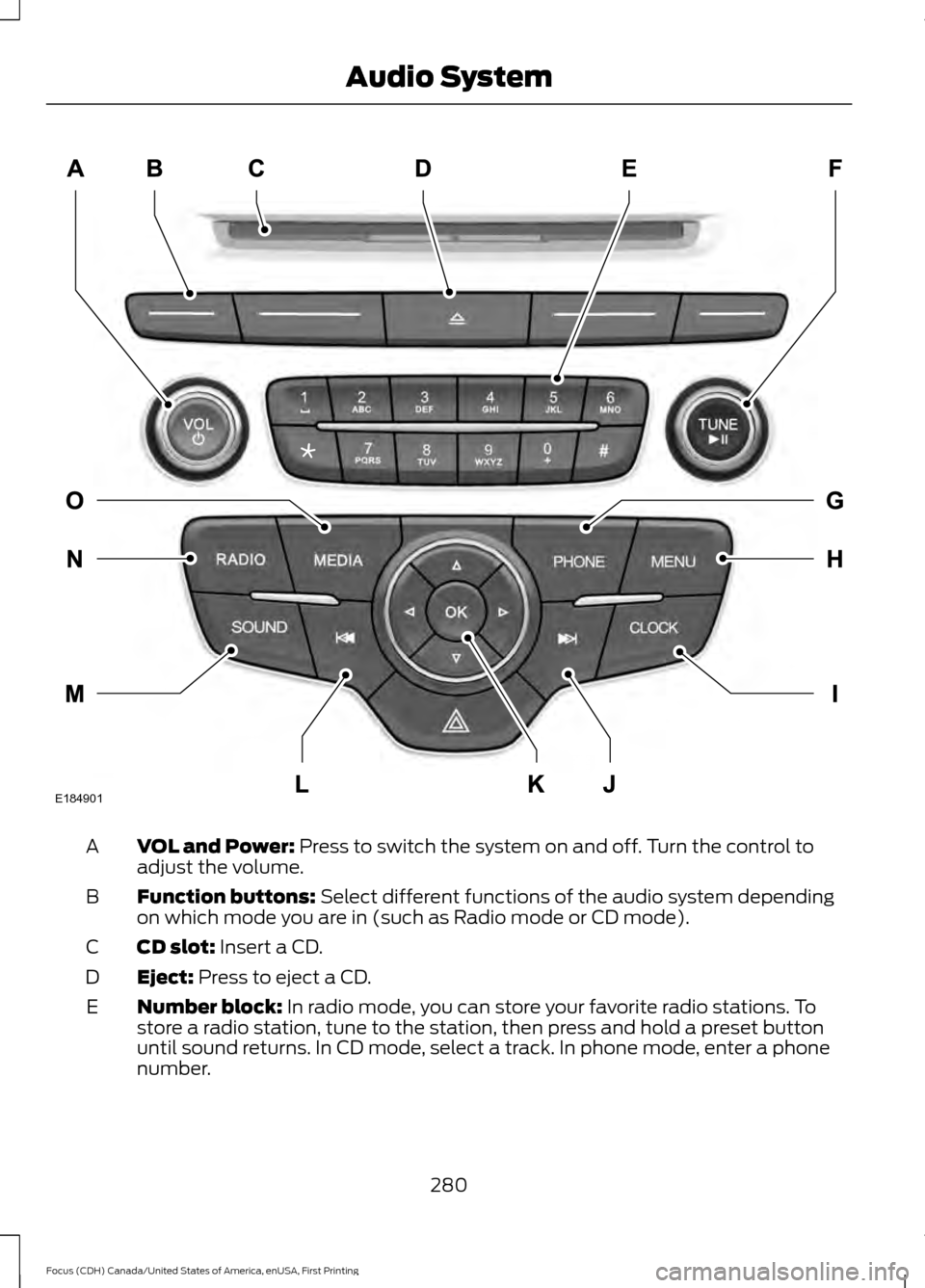 FORD FOCUS 2016 3.G Owners Manual VOL and Power: Press to switch the system on and off. Turn the control to
adjust the volume.
A
Function buttons:
 Select different functions of the audio system depending
on which mode you are in (suc