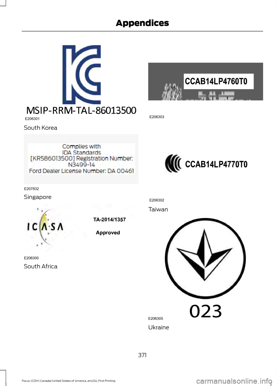 FORD FOCUS 2016 3.G Owners Manual South Korea
Singapore
South Africa Taiwan
Ukraine
371
Focus (CDH) Canada/United States of America, enUSA, First Printing AppendicesE206301 E207832 E206300 E206303 E206302 E206305  