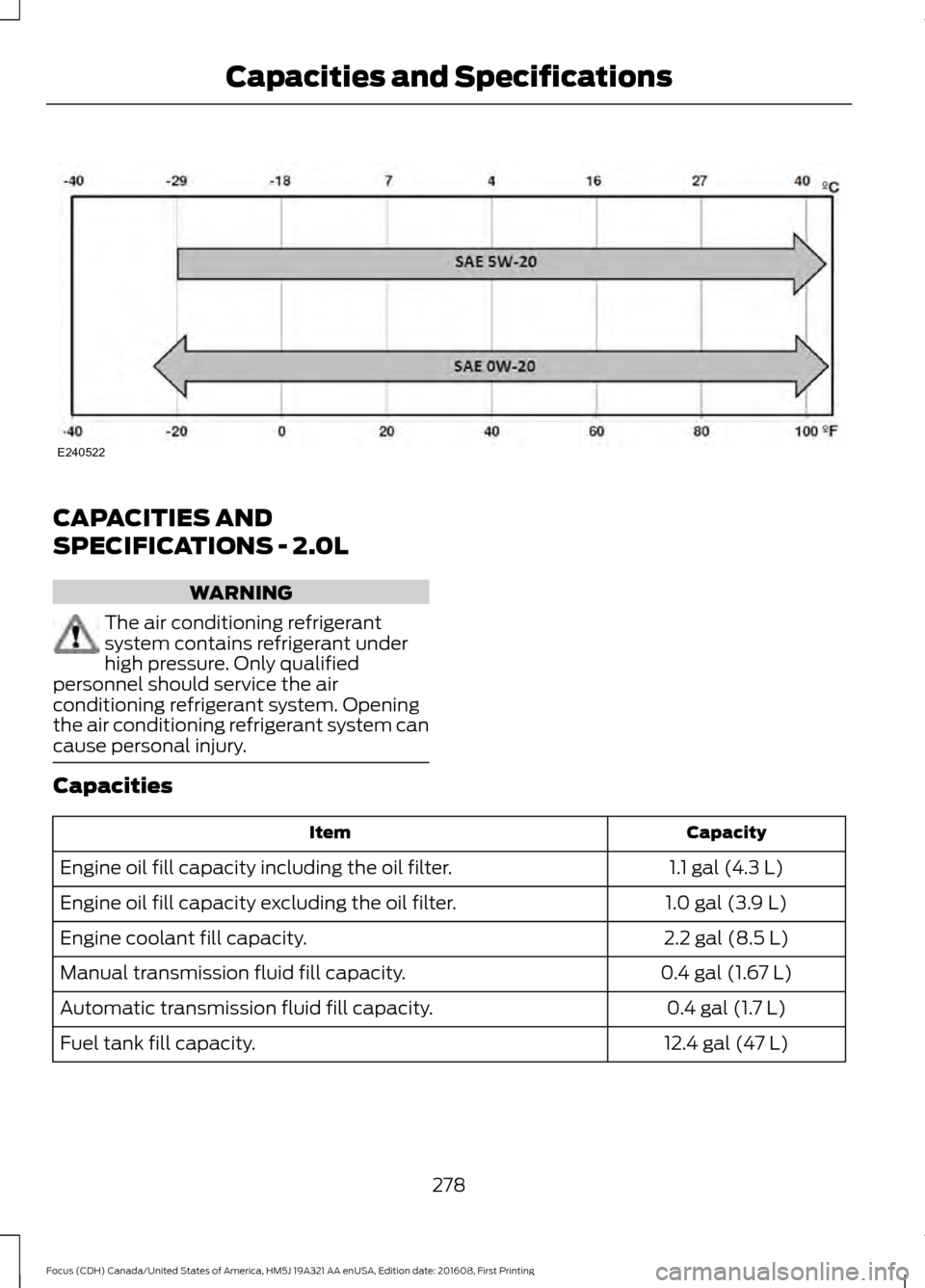 FORD FOCUS 2017 3.G Owners Manual CAPACITIES AND
SPECIFICATIONS - 2.0L
WARNING
The air conditioning refrigerant
system contains refrigerant under
high pressure. Only qualified
personnel should service the air
conditioning refrigerant 