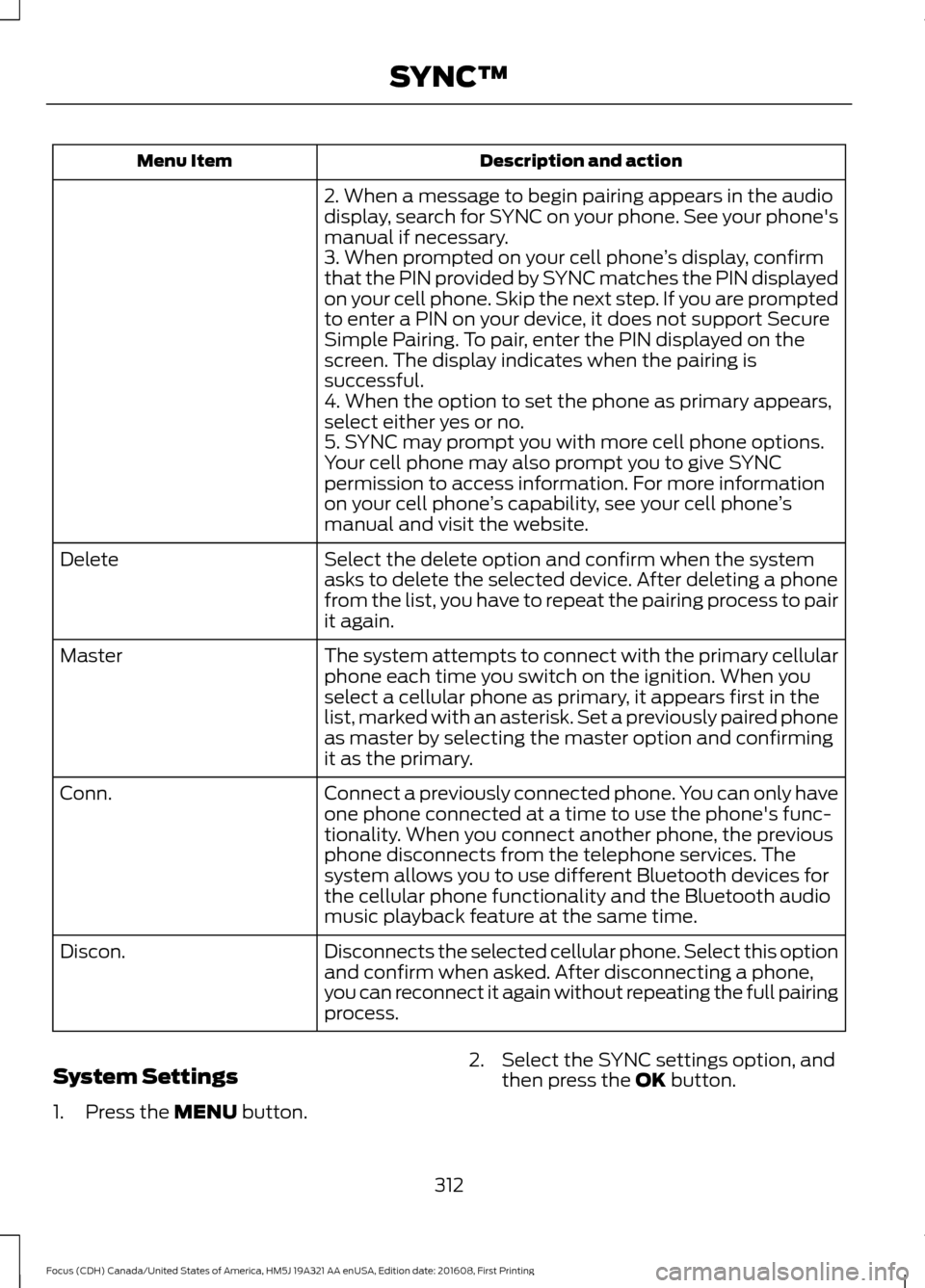 FORD FOCUS 2017 3.G Owners Manual Description and action
Menu Item
2. When a message to begin pairing appears in the audio
display, search for SYNC on your phone. See your phones
manual if necessary.
3. When prompted on your cell pho