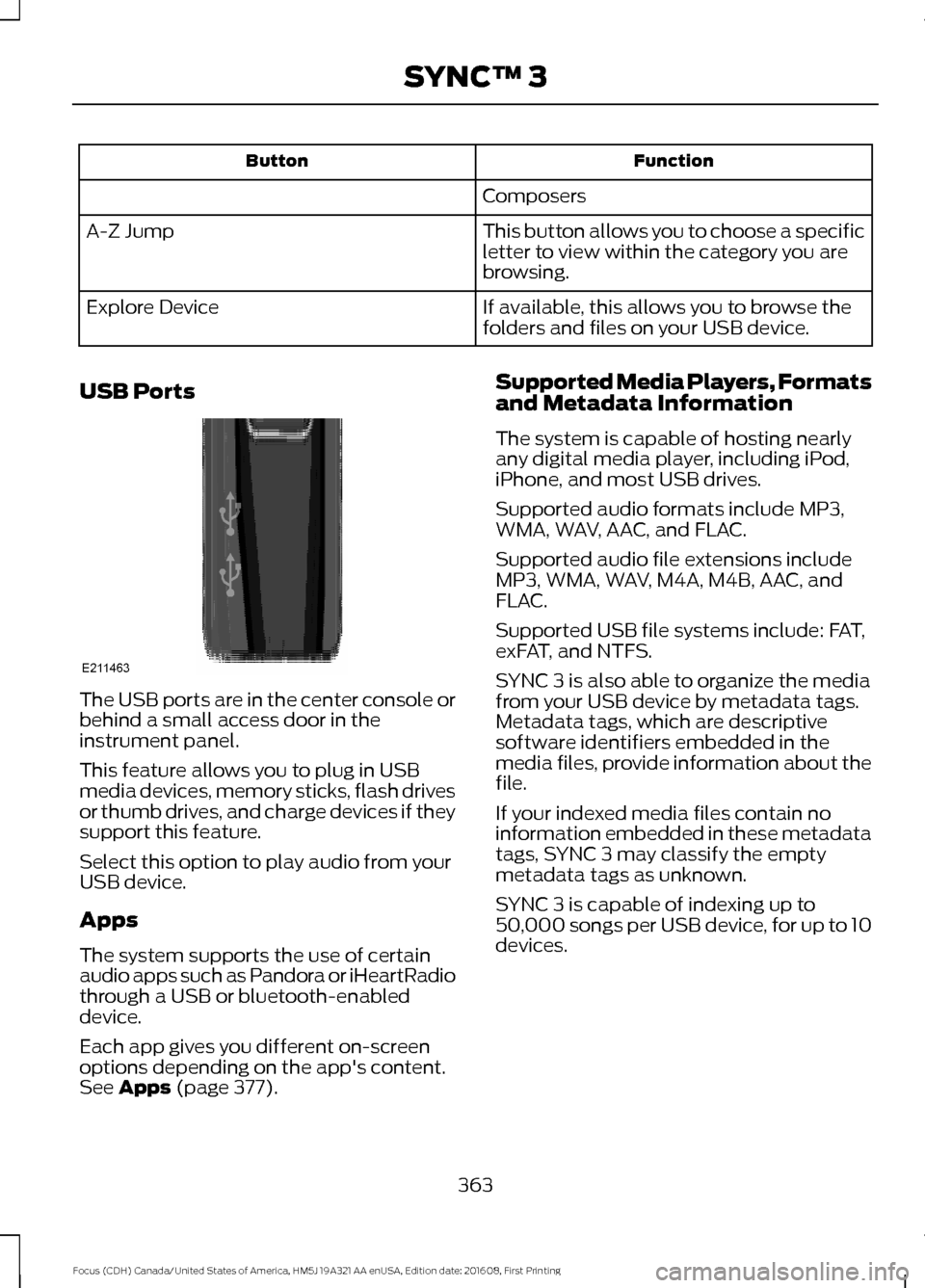 FORD FOCUS 2017 3.G Owners Manual Function
Button
Composers
This button allows you to choose a specific
letter to view within the category you are
browsing.
A-Z Jump
If available, this allows you to browse the
folders and files on you