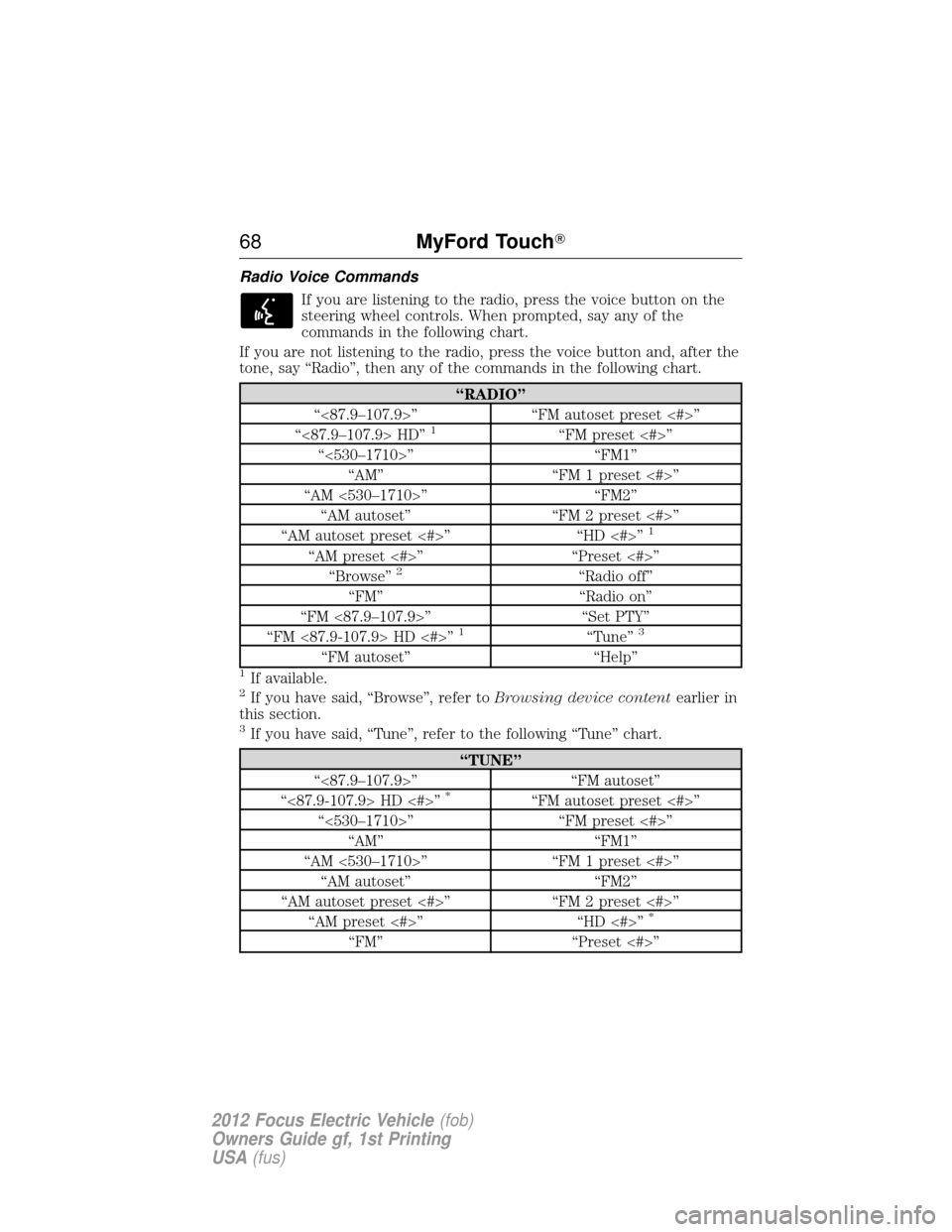 FORD FOCUS ELECTRIC 2012 3.G Owners Manual Radio Voice CommandsIf you are listening to the radio, press the voice button on the
steering wheel controls. When prompted, say any of the
commands in the following chart.
If you are not listening to