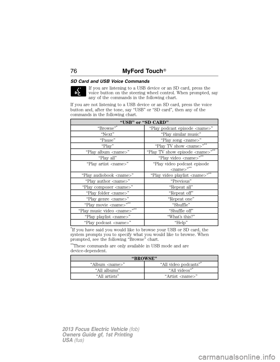FORD FOCUS ELECTRIC 2013 3.G Owners Manual SD Card and USB Voice Commands
If you are listening to a USB device or an SD card, press the
voice button on the steering wheel control. When prompted, say
any of the commands in the following chart.
