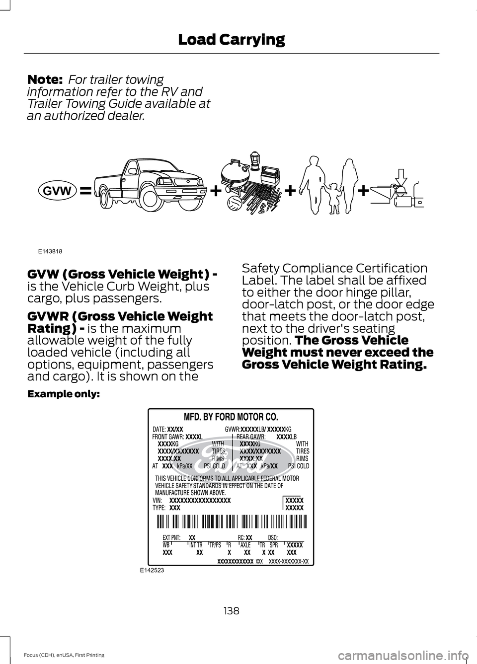 FORD FOCUS ELECTRIC 2015 3.G Owners Manual Note:
 For trailer towing
information refer to the RV and
Trailer Towing Guide available at
an authorized dealer. GVW (Gross Vehicle Weight) -
is the Vehicle Curb Weight, plus
cargo, plus passengers.
