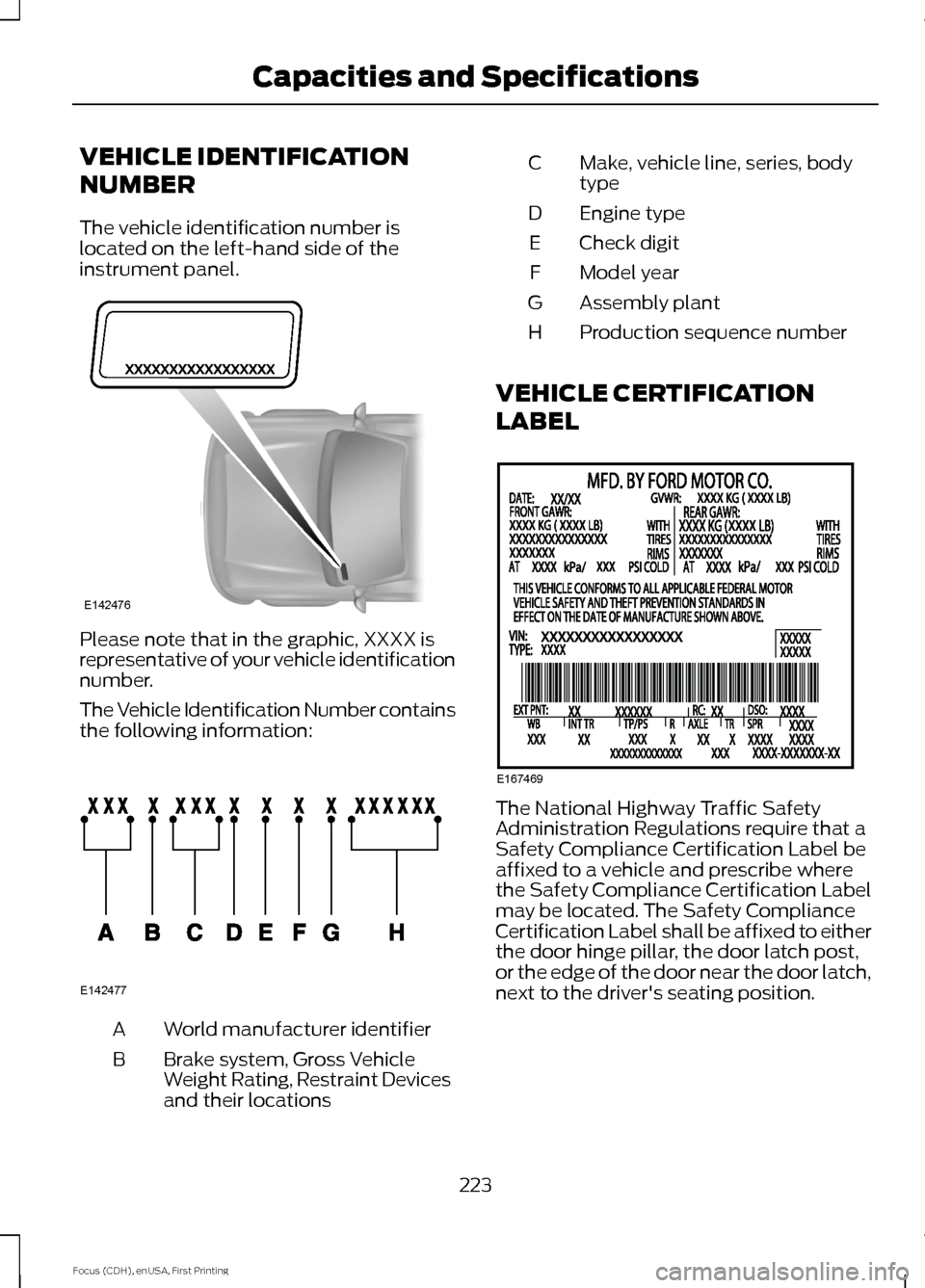 FORD FOCUS ELECTRIC 2015 3.G Owners Manual VEHICLE IDENTIFICATION
NUMBER
The vehicle identification number is
located on the left-hand side of the
instrument panel.
Please note that in the graphic, XXXX is
representative of your vehicle identi