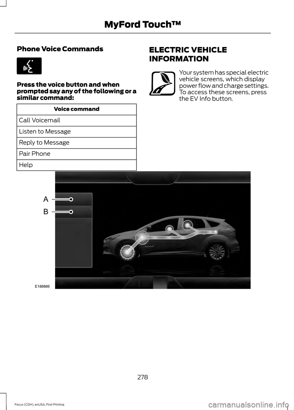 FORD FOCUS ELECTRIC 2015 3.G Owners Manual Phone Voice Commands
Press the voice button and when
prompted say any of the following or a
similar command:
Voice command
Call Voicemail
Listen to Message
Reply to Message
Pair Phone
Help ELECTRIC VE
